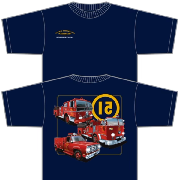 Dark blue t shirt with all three 51s apparatus and the 51 logo in a circle